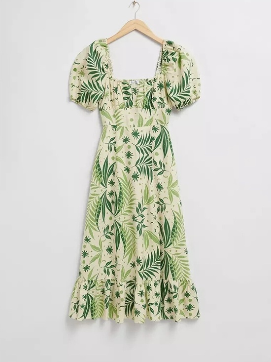 & Other Stories Dresses & Skirts - & Other Stories Cream Maxi Dress with Green Leaf Print and Puff Sleeves
